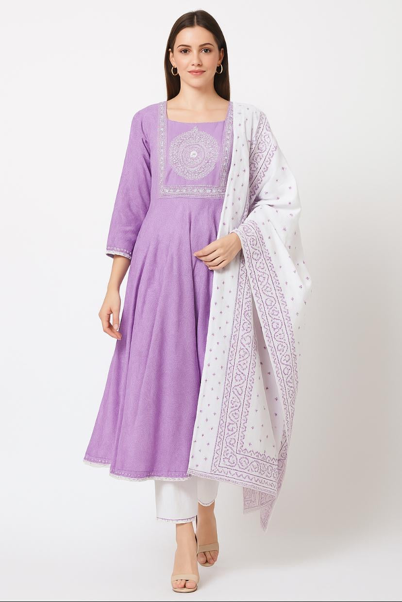 Mauve Anarkali Stitched Cotton Suit with Dupatta