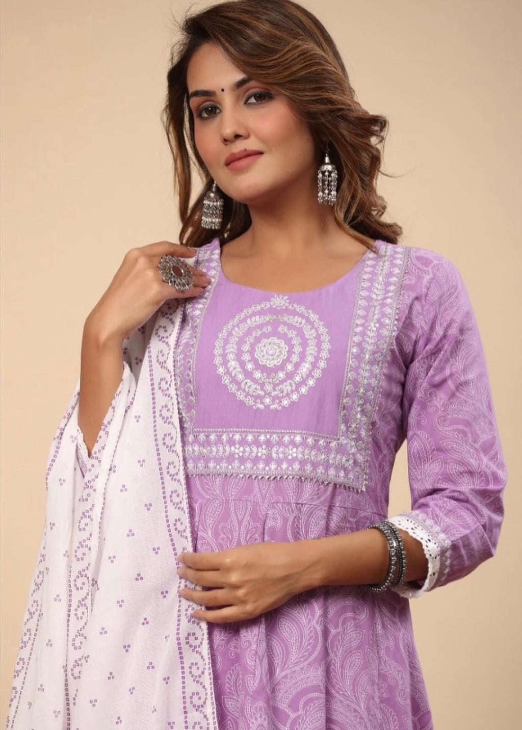 Mauve Anarkali Stitched Cotton Suit with Dupatta