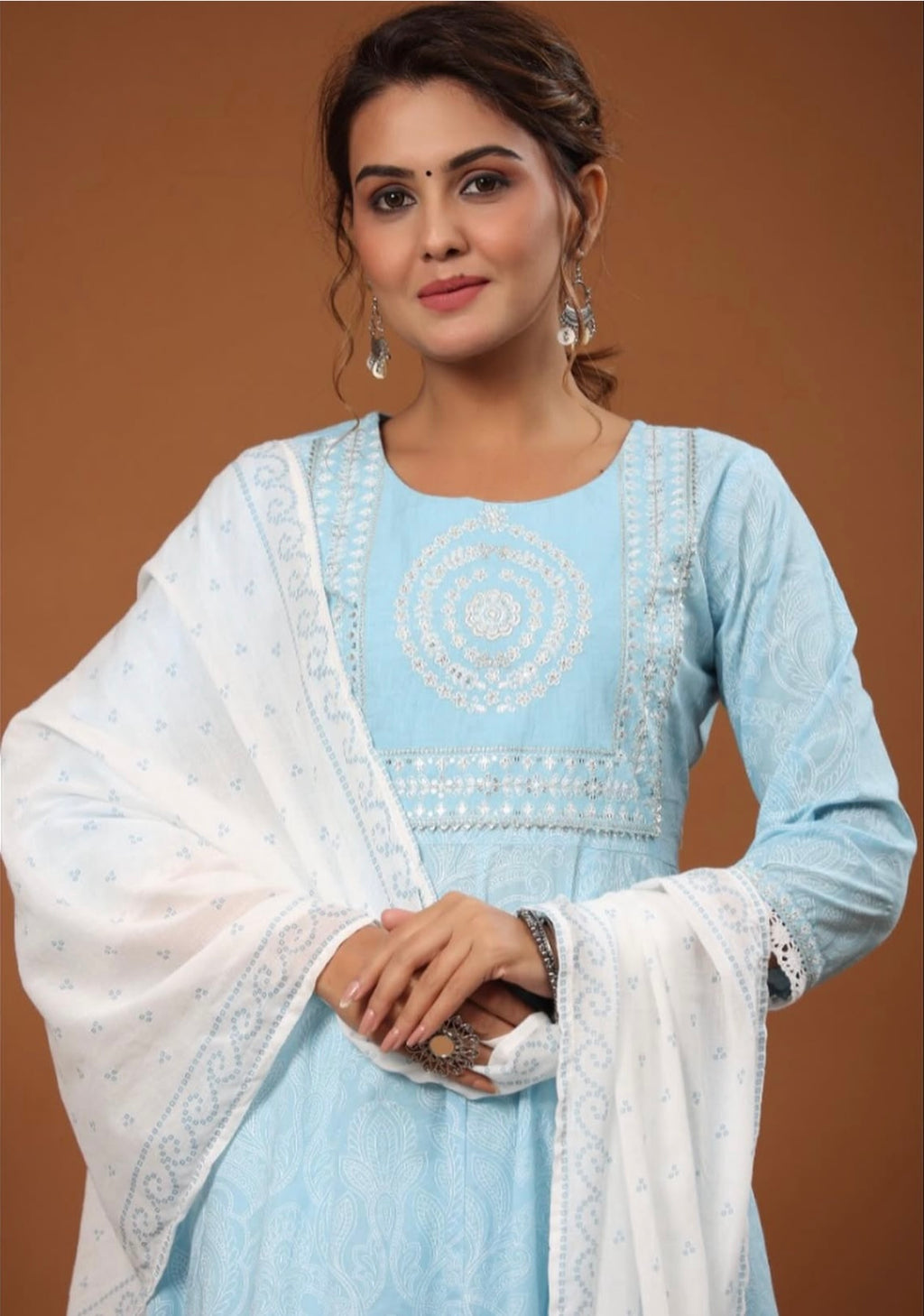 Light Blue Anarkali Stitched Cotton Suit with Dupatta