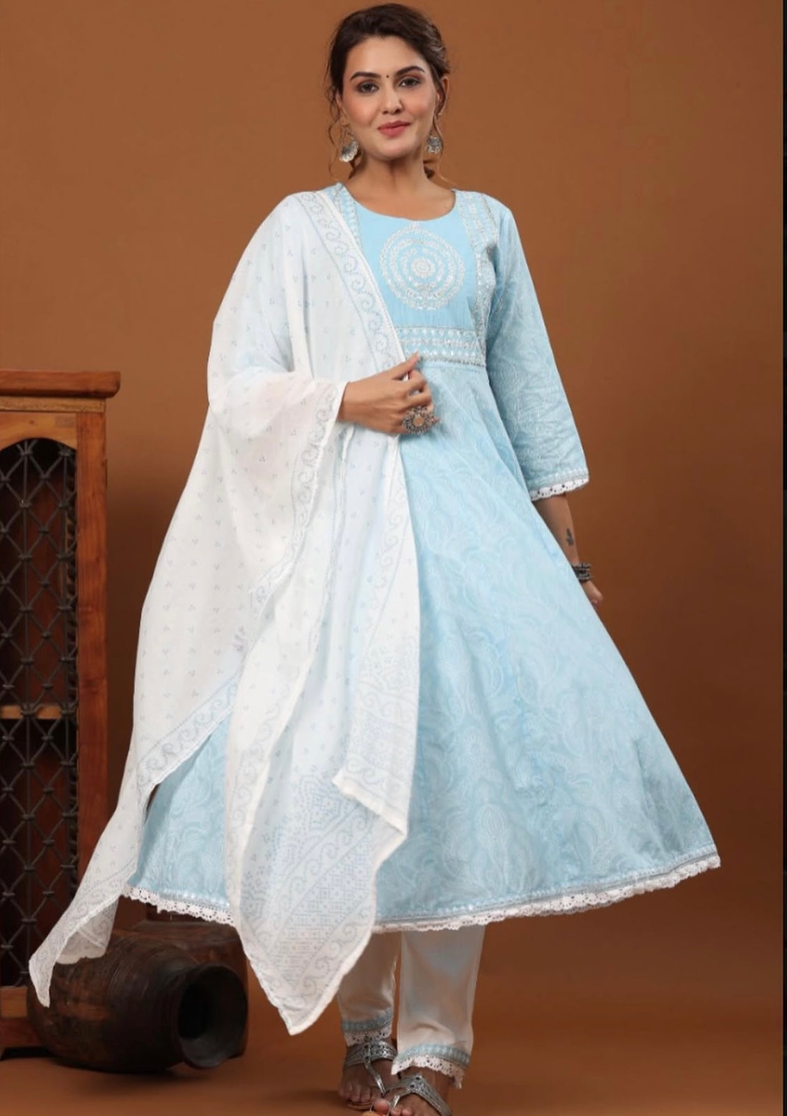Light Blue Anarkali Stitched Cotton Suit with Dupatta