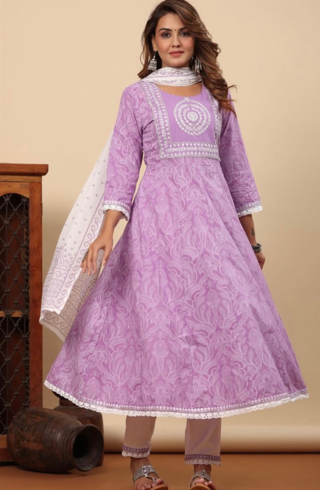 Mauve Anarkali Stitched Cotton Suit with Dupatta