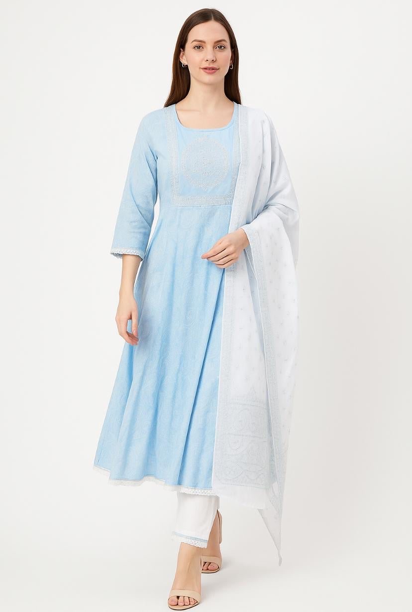 Light Blue Anarkali Stitched Cotton Suit with Dupatta