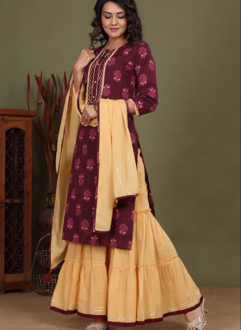 Maroon & Cream STITCHED Cotton Suit with dupatta