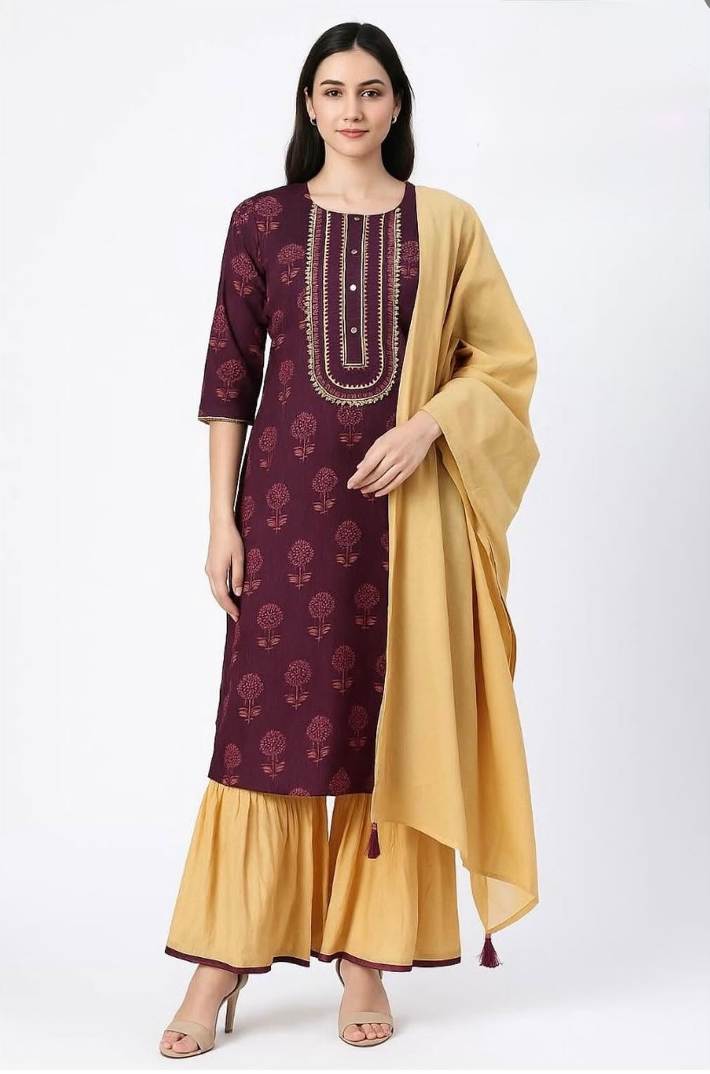 Maroon & Cream STITCHED Cotton Suit with dupatta