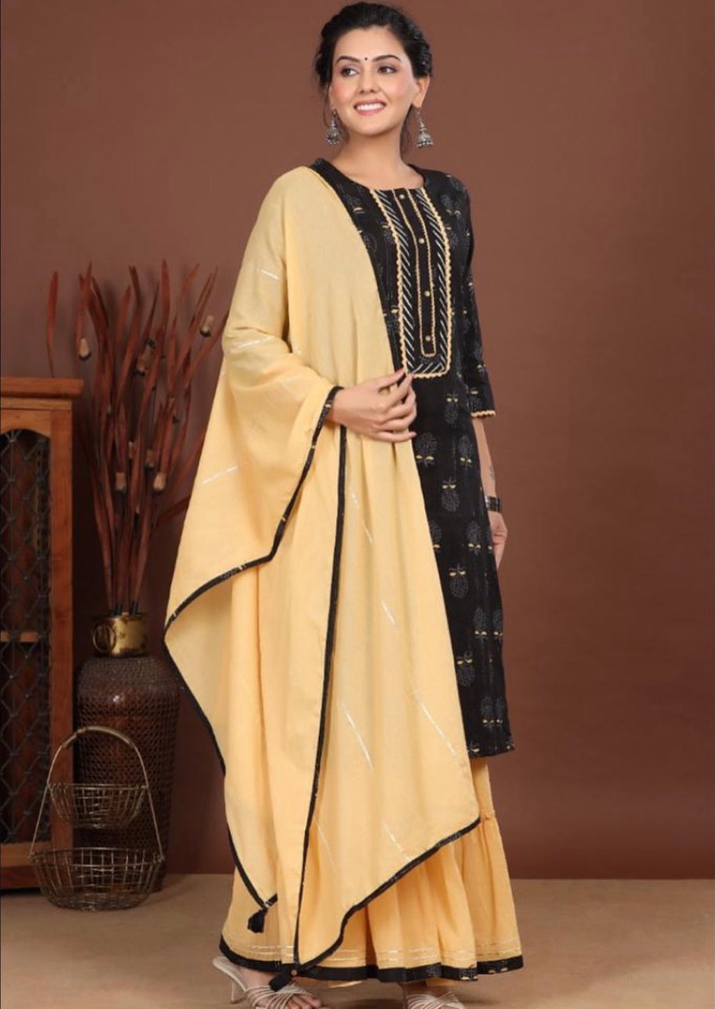 Black & Cream STITCHED Cotton Suit with dupatta